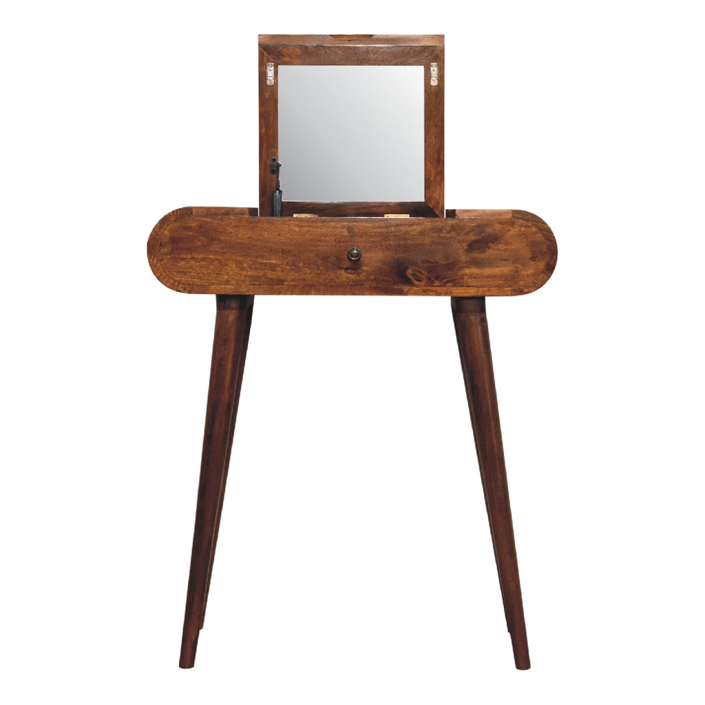Mini Round Solid Mango Wood Dressing Table – Chestnut Finish, Folding Mirror
