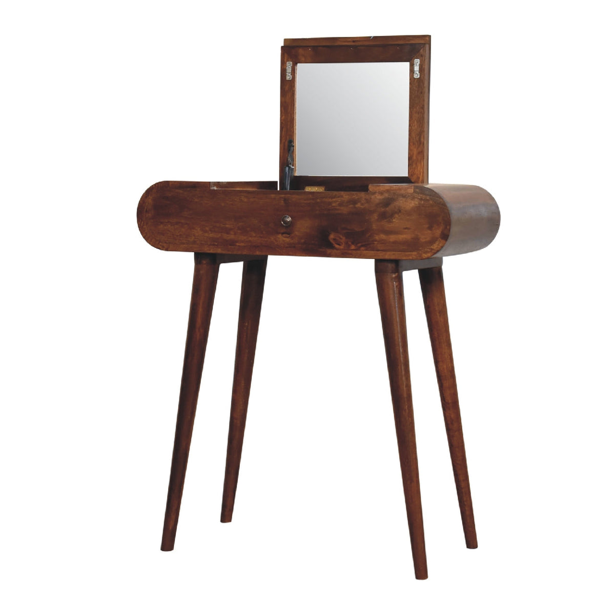 Mini Round Solid Mango Wood Dressing Table – Chestnut Finish, Folding Mirror