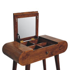 Mini Round Solid Mango Wood Dressing Table – Chestnut Finish, Folding Mirror