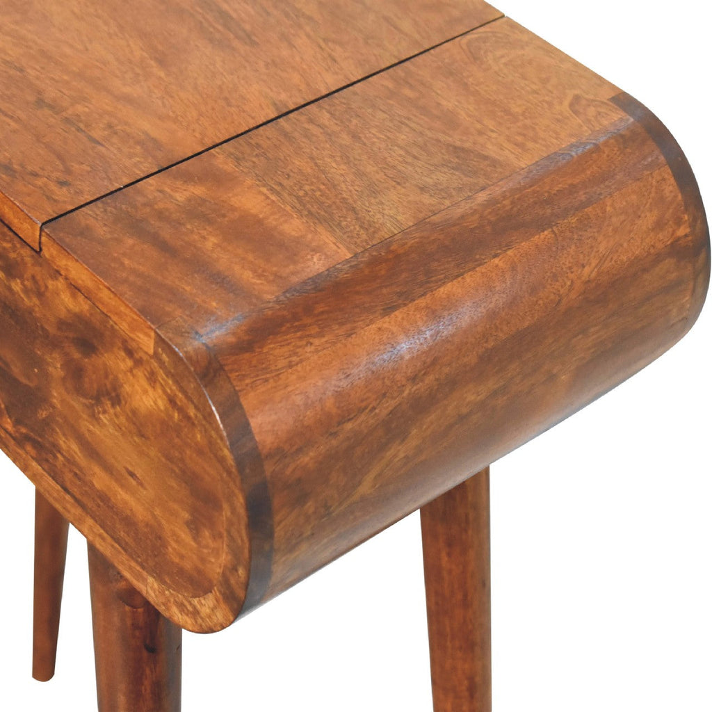 Mini Round Solid Mango Wood Dressing Table – Chestnut Finish, Folding Mirror