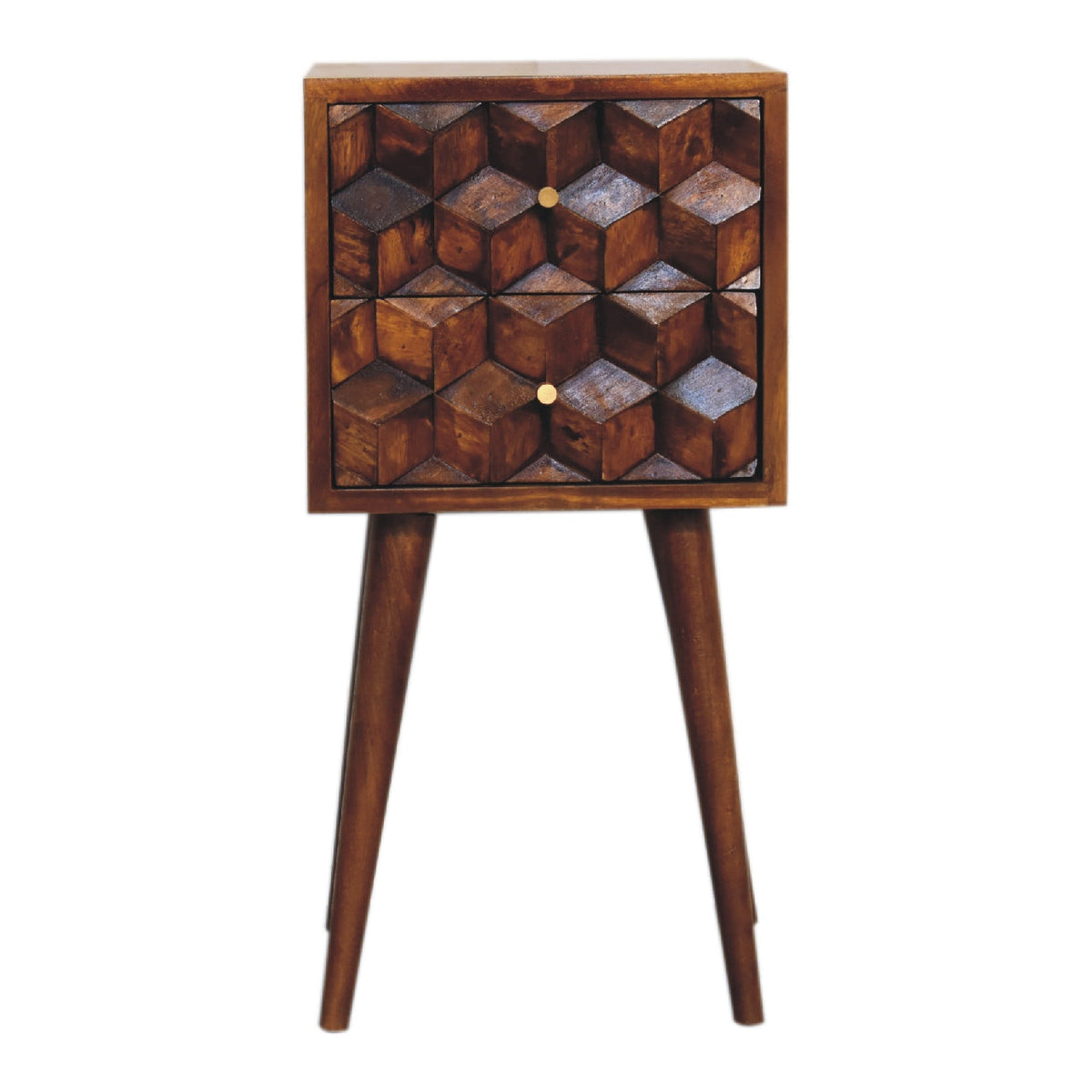 Mini Solid Mango Wood Nightstand – Chestnut Finish, Cube-Carved 2-Drawer Front