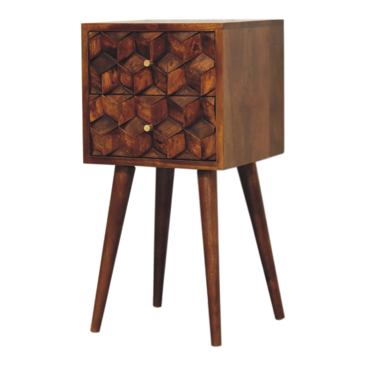 Mini Solid Mango Wood Nightstand – Chestnut Finish, Cube-Carved 2-Drawer Front