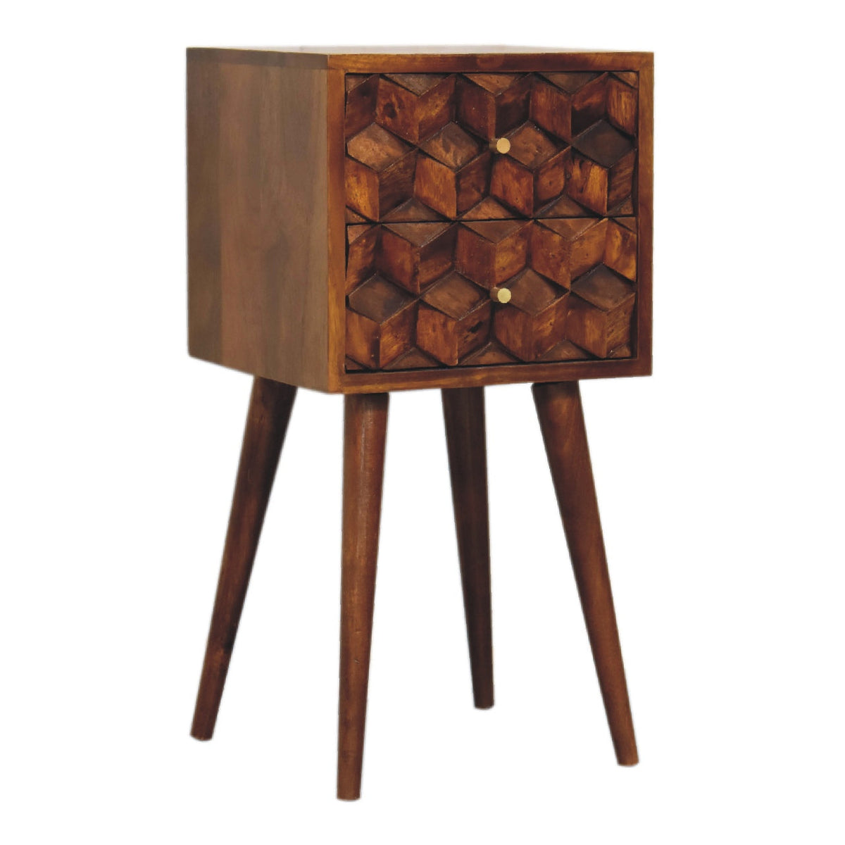 Mini Solid Mango Wood Nightstand – Chestnut Finish, Cube-Carved 2-Drawer Front