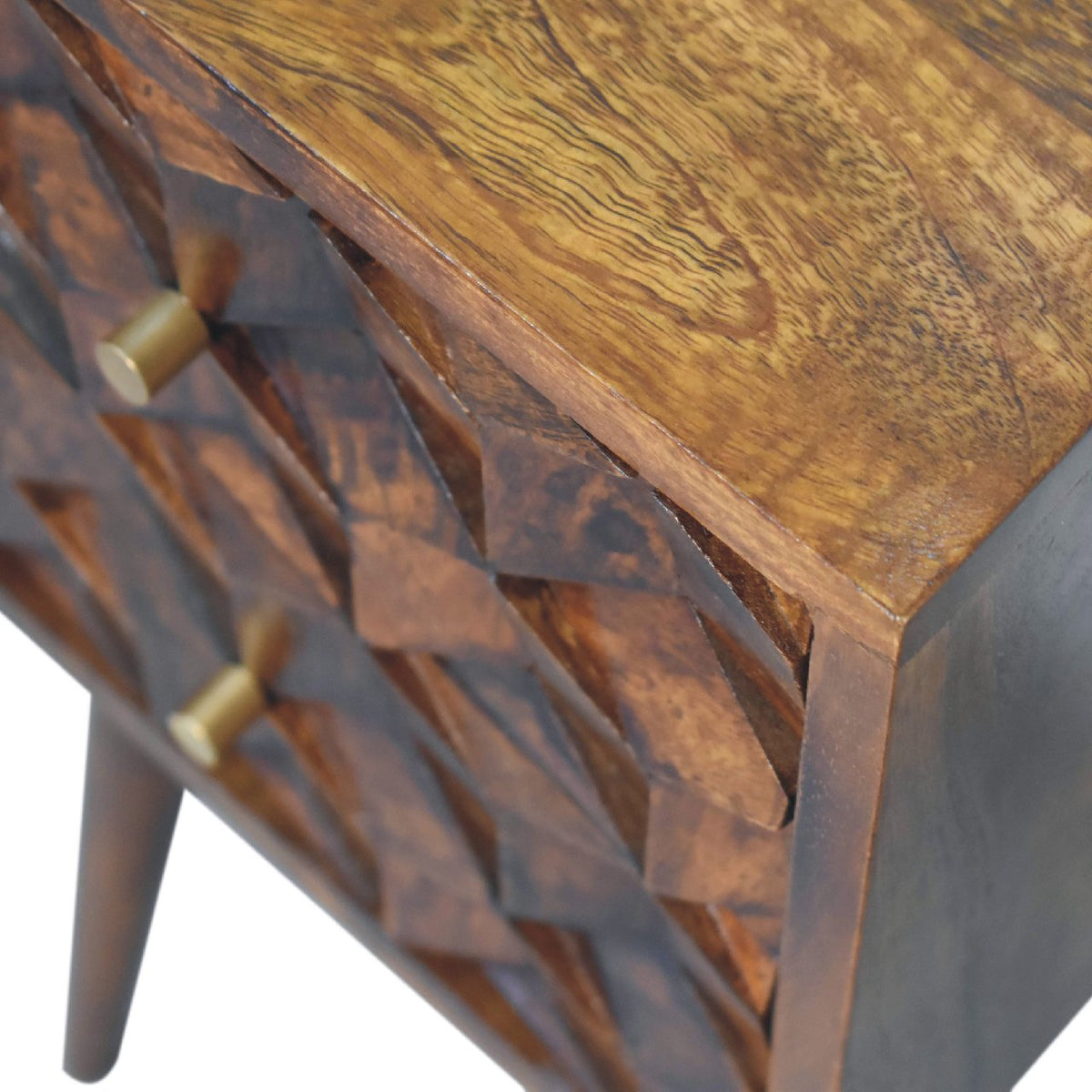 Mini Solid Mango Wood Nightstand – Chestnut Finish, Cube-Carved 2-Drawer Front