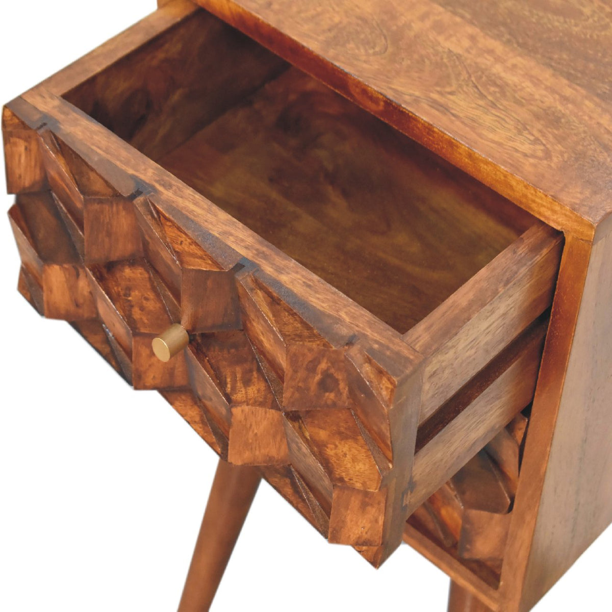 Mini Solid Mango Wood Nightstand – Chestnut Finish, Cube-Carved 2-Drawer Front