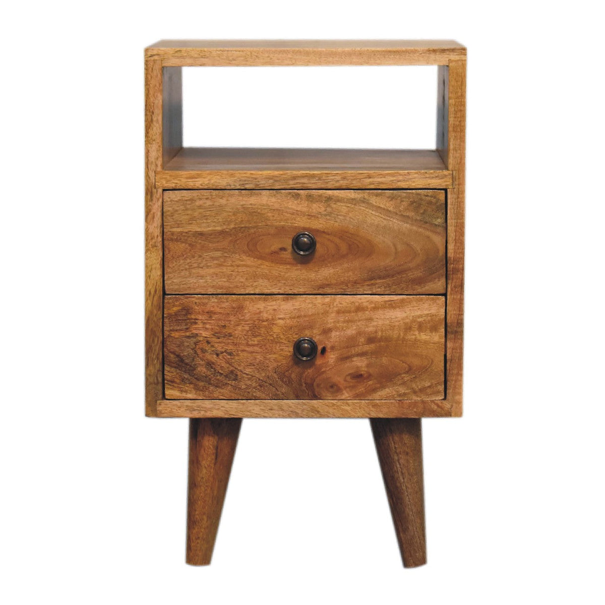 Mini Solid Mango Wood Nightstand – Oak-Ish Finish, 2 Drawers & Open Shelf