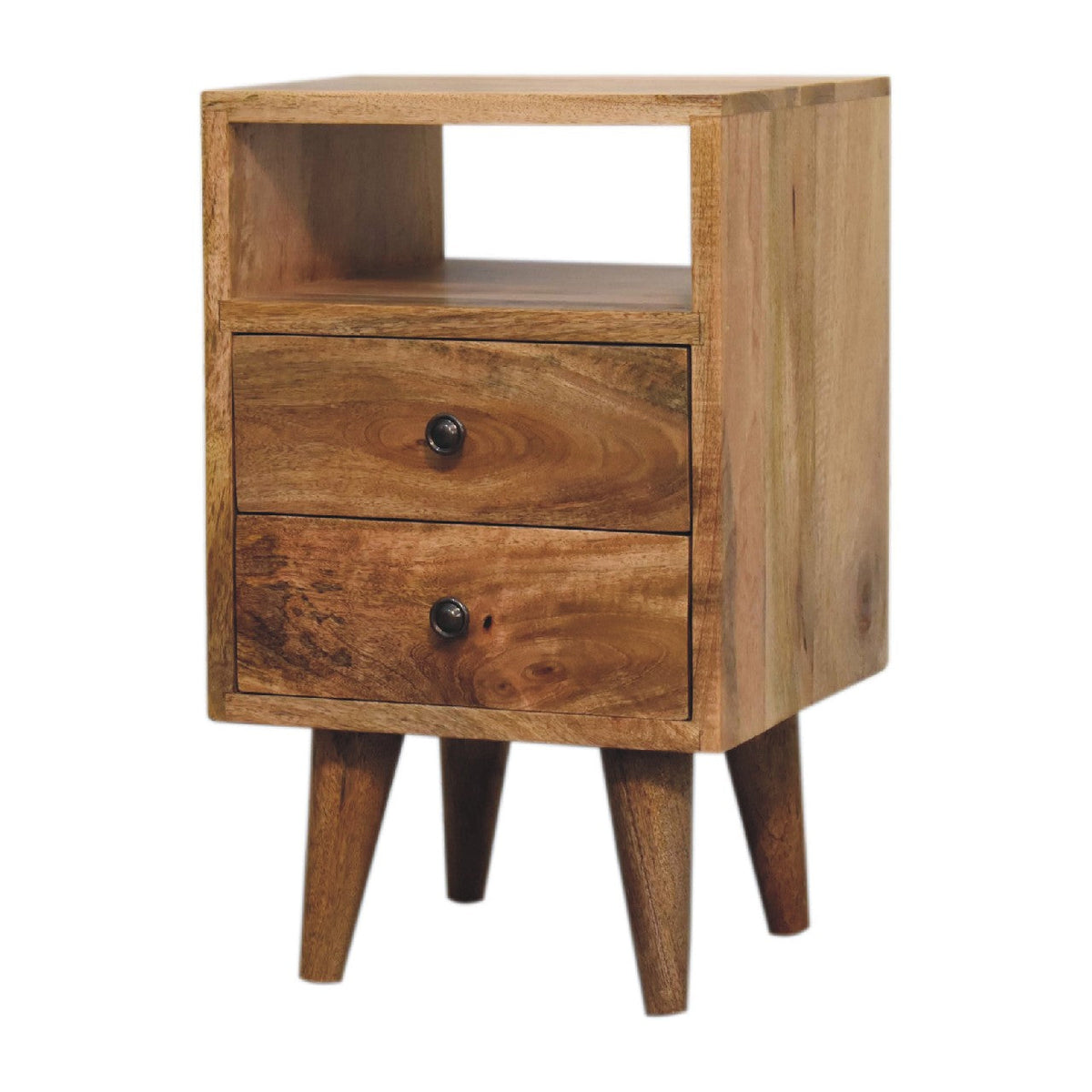 Mini Solid Mango Wood Nightstand – Oak-Ish Finish, 2 Drawers & Open Shelf