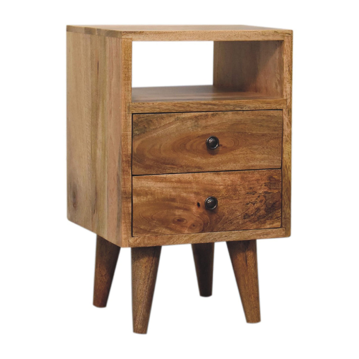 Mini Solid Mango Wood Nightstand – Oak-Ish Finish, 2 Drawers & Open Shelf
