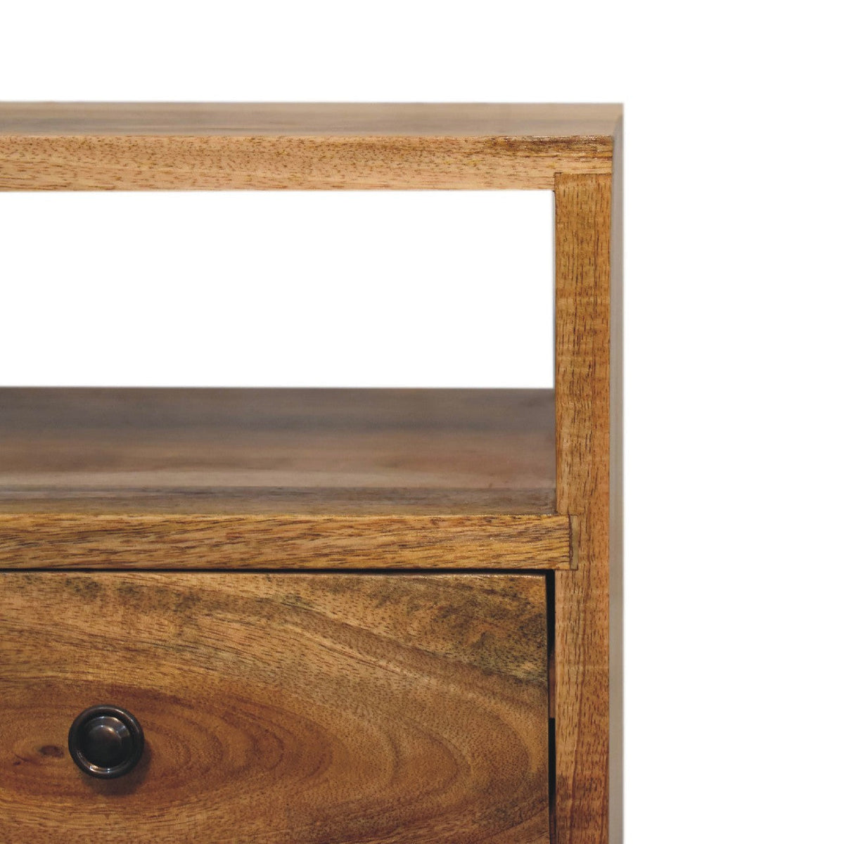 Mini Solid Mango Wood Nightstand – Oak-Ish Finish, 2 Drawers & Open Shelf