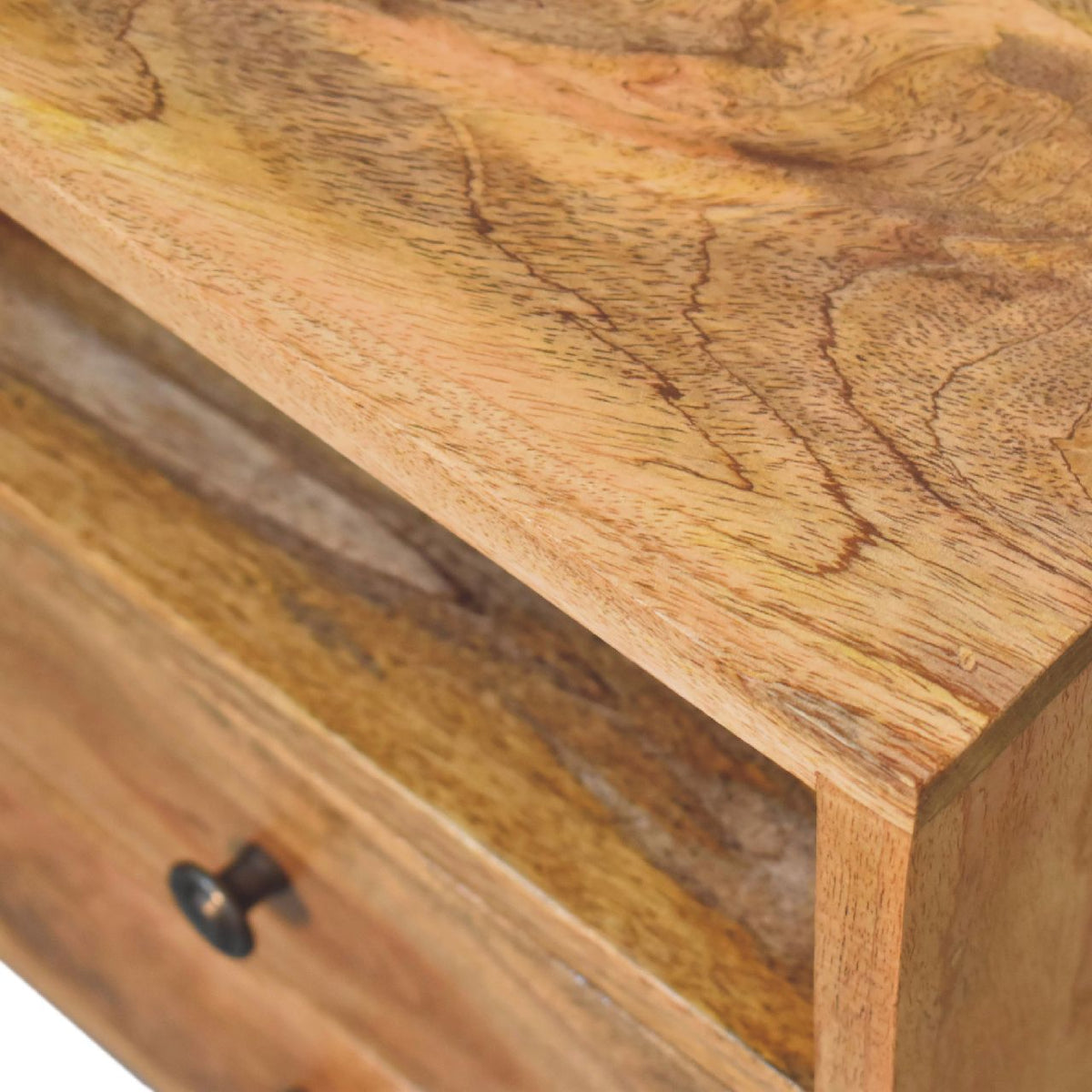 Mini Solid Mango Wood Nightstand – Oak-Ish Finish, 2 Drawers & Open Shelf