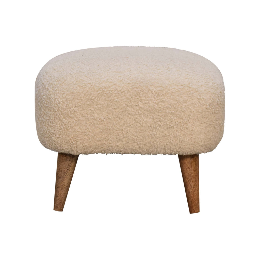 Cream Bouclé Footstool – Cotton Upholstery & Solid Mango Wood Legs