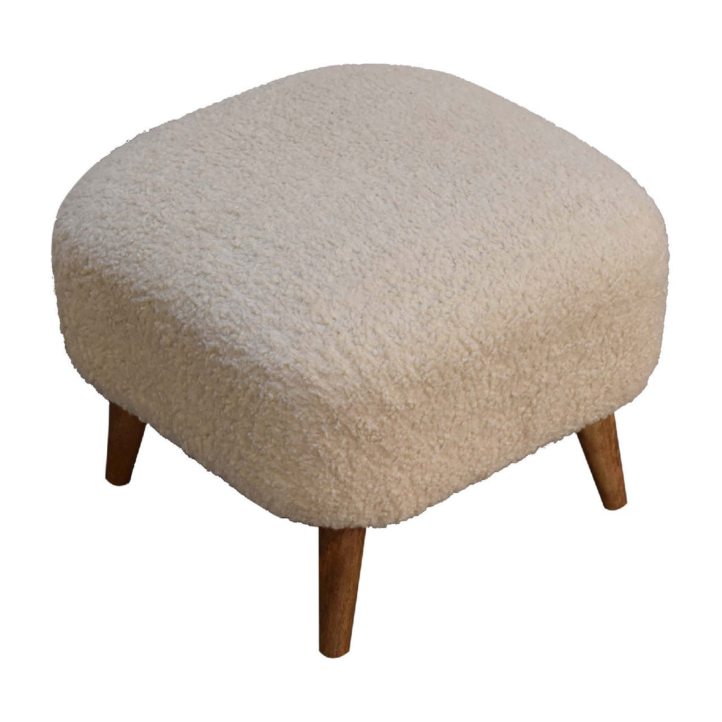 Cream Bouclé Footstool – Cotton Upholstery & Solid Mango Wood Legs
