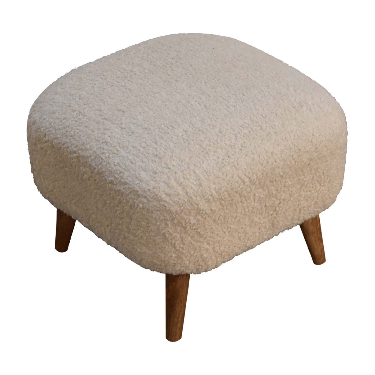 Cream Bouclé Footstool – Cotton Upholstery & Solid Mango Wood Legs