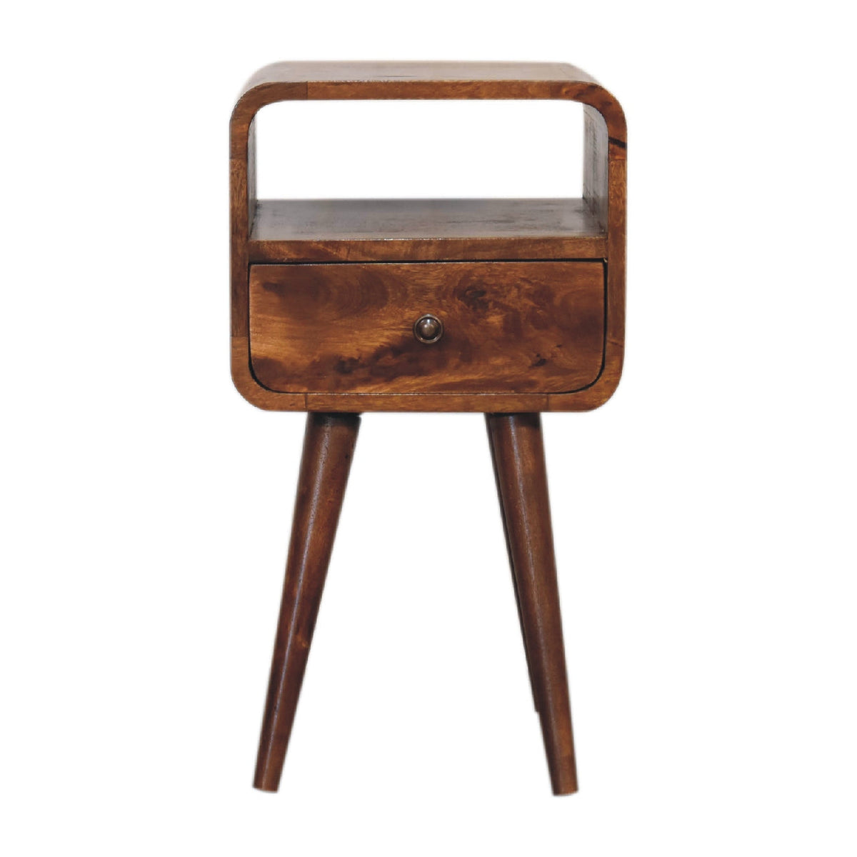 Mini Curved Solid Mango Wood Nightstand – Chestnut Finish, Drawer & Open Shelf