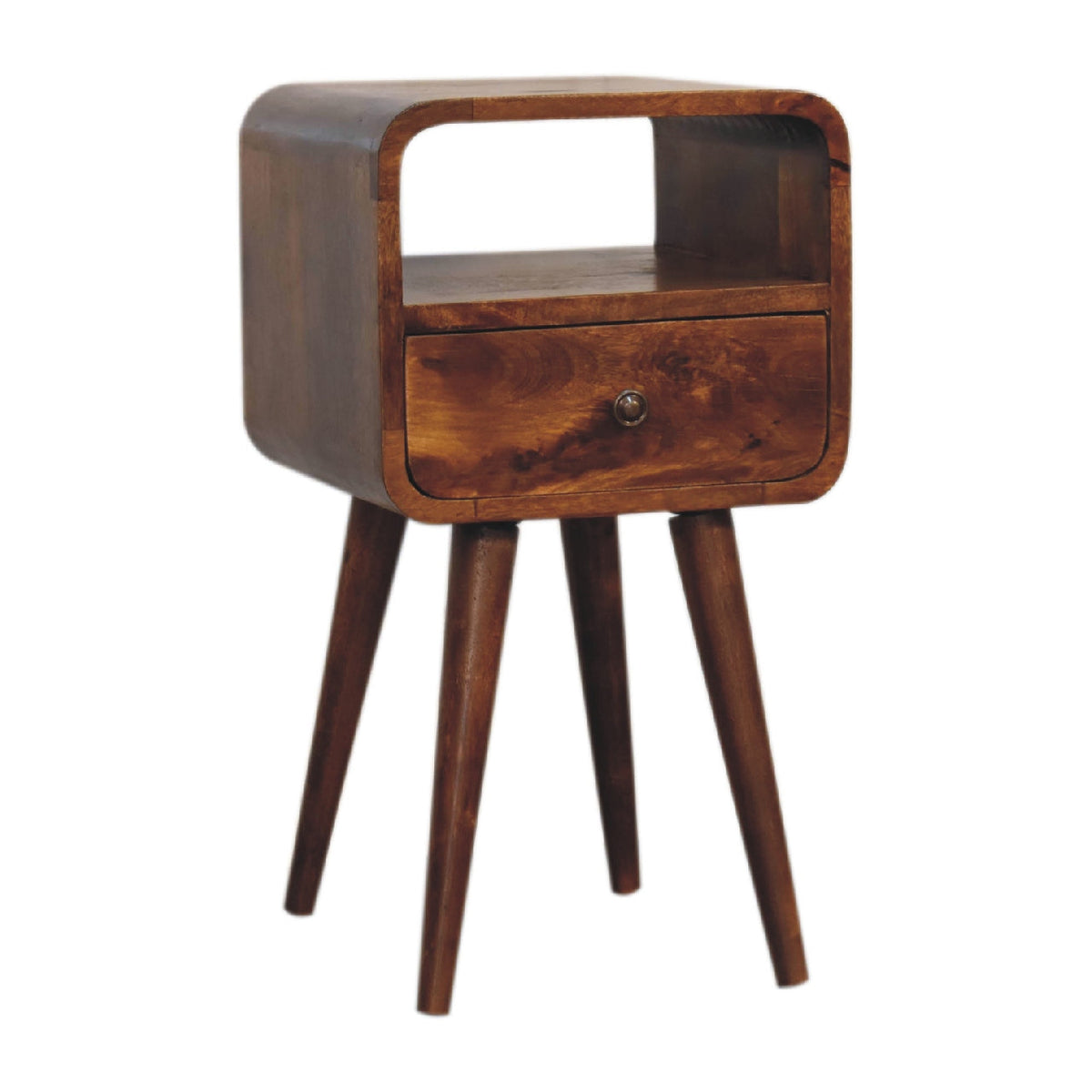 Mini Curved Solid Mango Wood Nightstand – Chestnut Finish, Drawer & Open Shelf