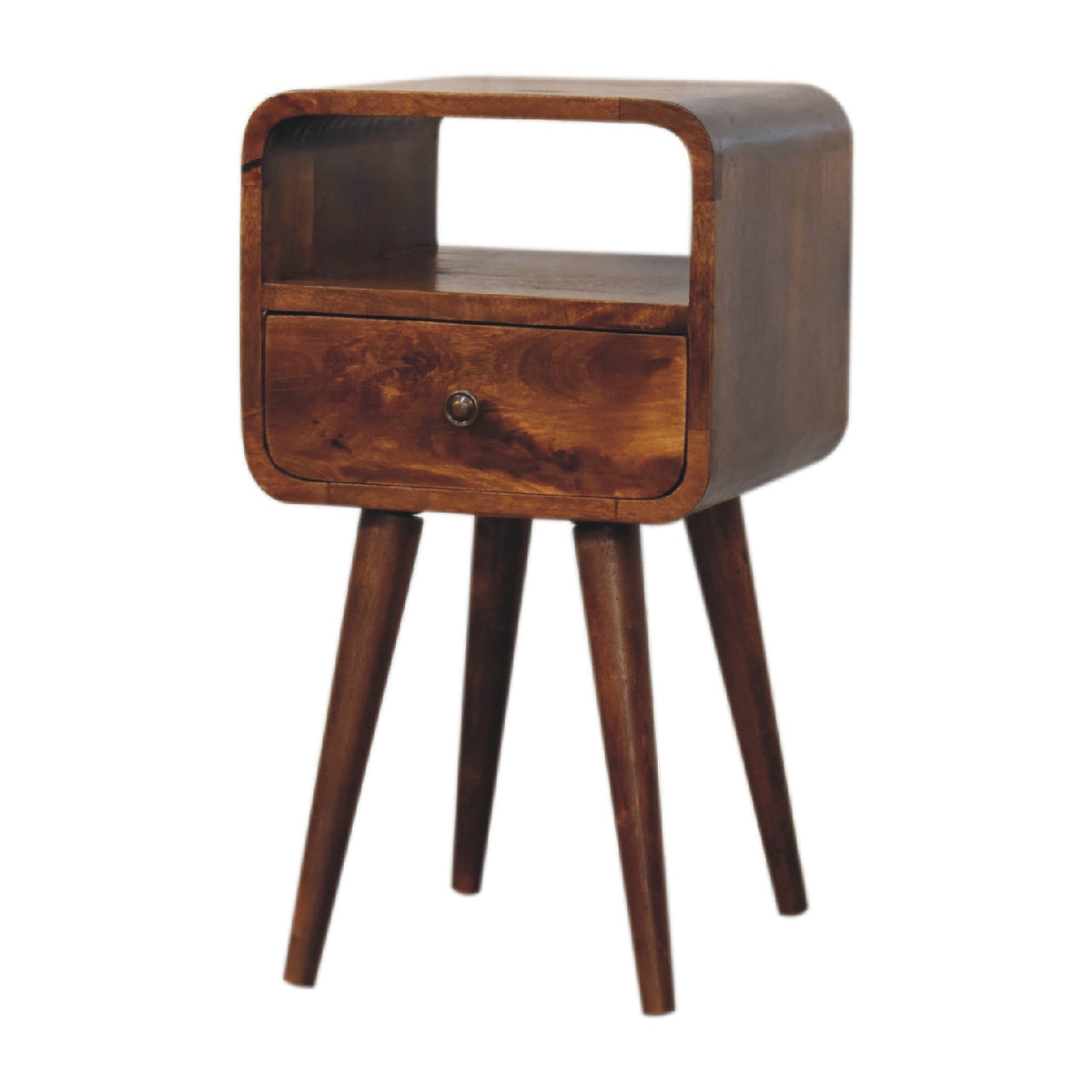 Mini Curved Solid Mango Wood Nightstand – Chestnut Finish, Drawer & Open Shelf