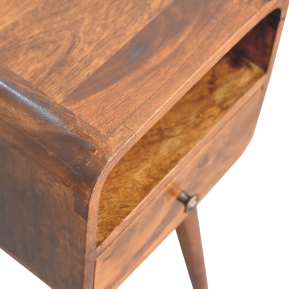 Mini Curved Solid Mango Wood Nightstand – Chestnut Finish, Drawer & Open Shelf