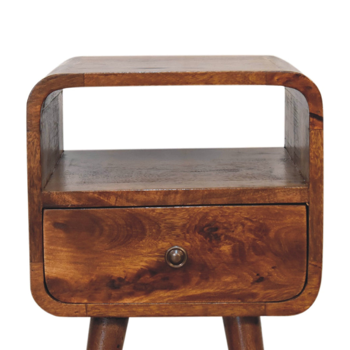 Mini Curved Solid Mango Wood Nightstand – Chestnut Finish, Drawer & Open Shelf