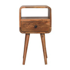 Mini Curved Solid Mango Wood Nightstand – Oak-Ish Finish, Drawer & Open Shelf