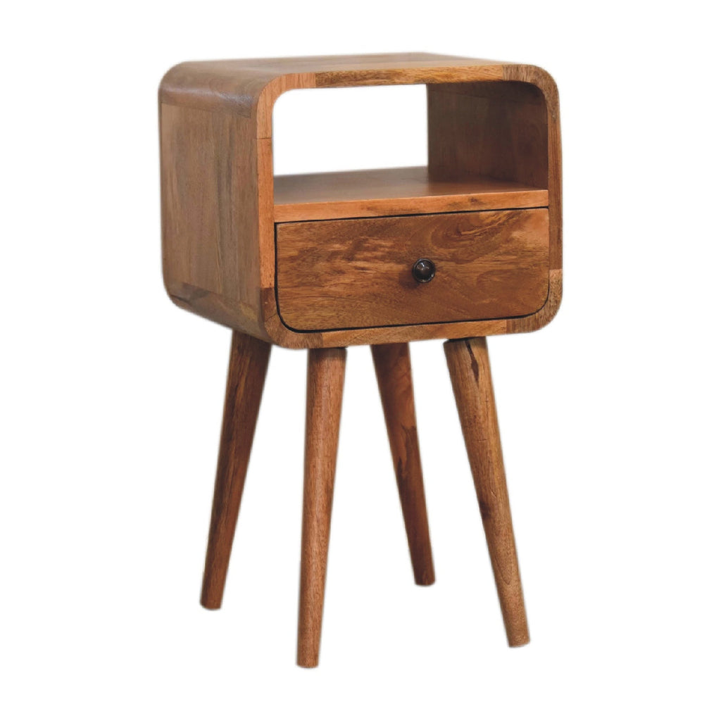 Mini Curved Solid Mango Wood Nightstand – Oak-Ish Finish, Drawer & Open Shelf