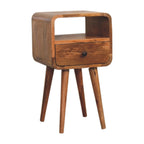 Mini Curved Solid Mango Wood Nightstand – Oak-Ish Finish, Drawer & Open Shelf