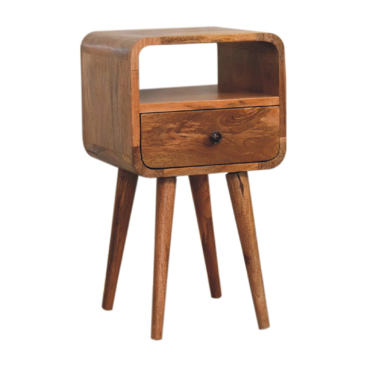 Mini Curved Solid Mango Wood Nightstand – Oak-Ish Finish, Drawer & Open Shelf