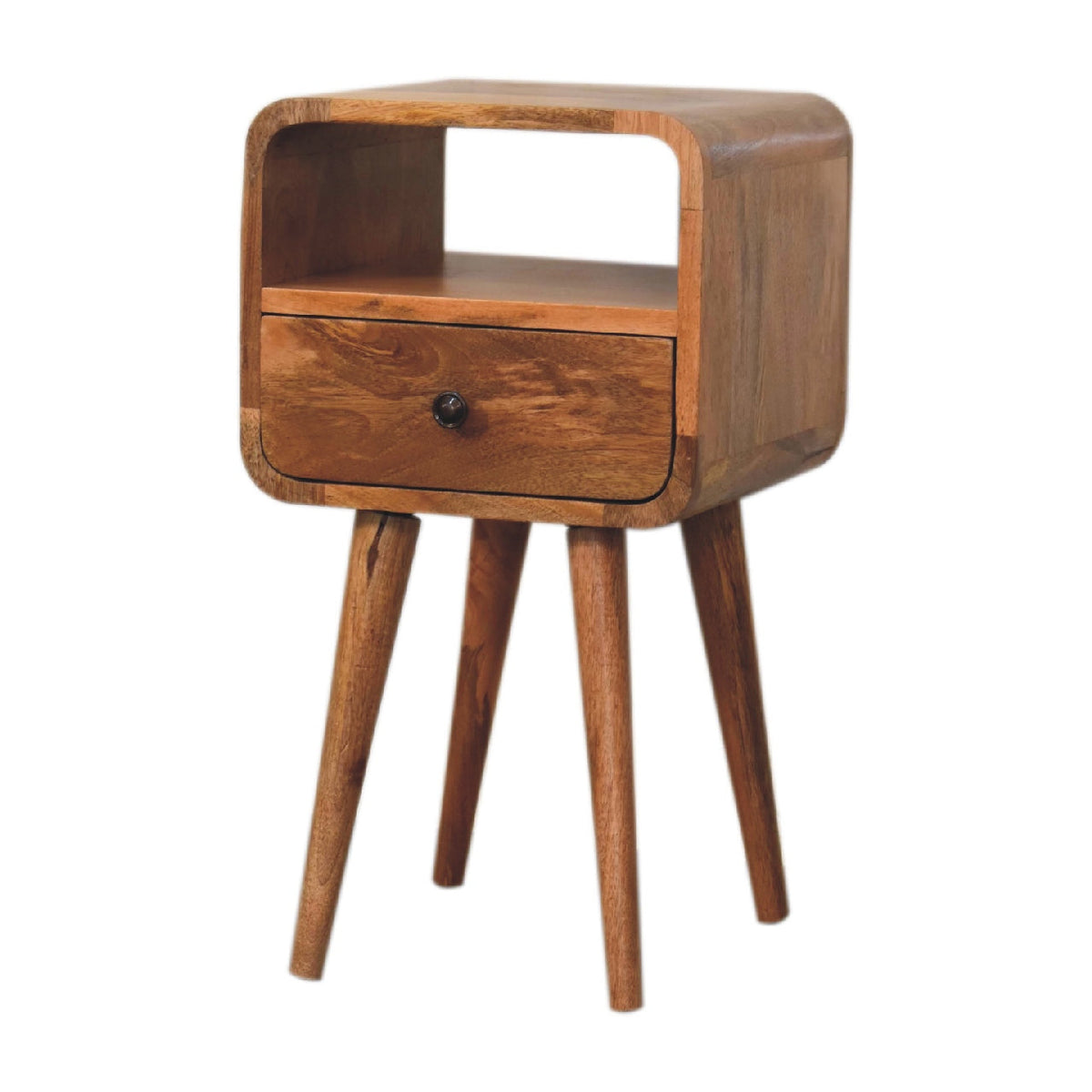 Mini Curved Solid Mango Wood Nightstand – Oak-Ish Finish, Drawer & Open Shelf