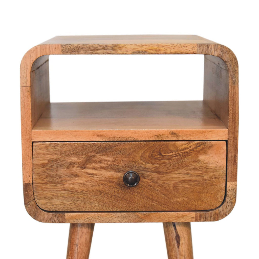 Mini Curved Solid Mango Wood Nightstand – Oak-Ish Finish, Drawer & Open Shelf