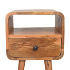 Mini Curved Solid Mango Wood Nightstand – Oak-Ish Finish, Drawer & Open Shelf