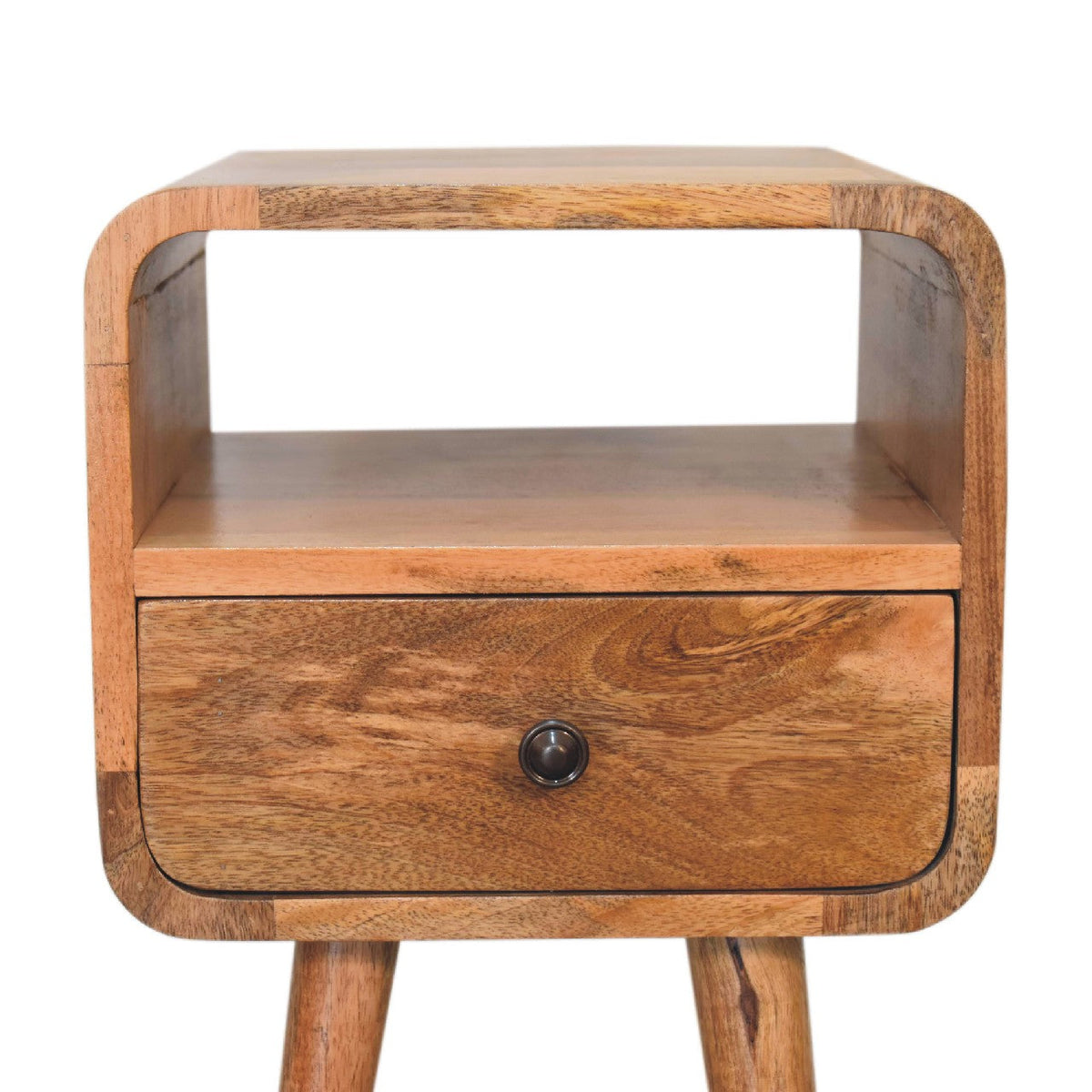 Mini Curved Solid Mango Wood Nightstand – Oak-Ish Finish, Drawer & Open Shelf