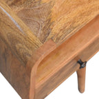 Mini Curved Solid Mango Wood Nightstand – Oak-Ish Finish, Drawer & Open Shelf