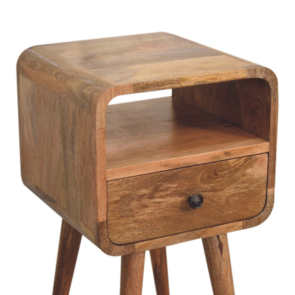 Mini Curved Solid Mango Wood Nightstand – Oak-Ish Finish, Drawer & Open Shelf