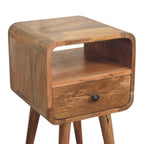 Mini Curved Solid Mango Wood Nightstand – Oak-Ish Finish, Drawer & Open Shelf