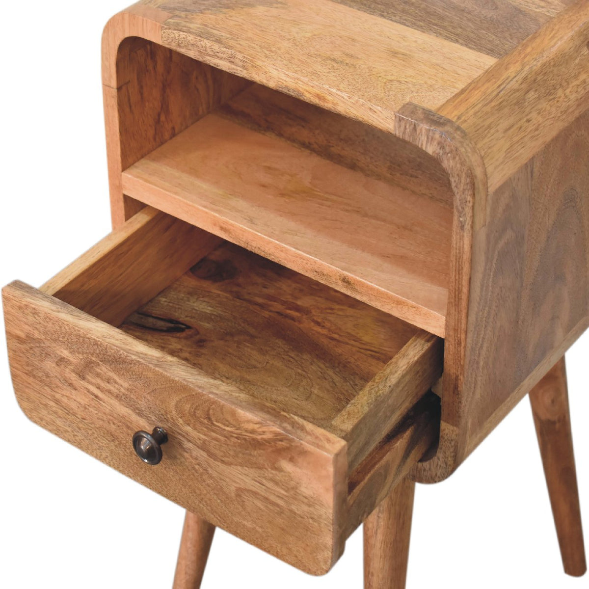 Mini Curved Solid Mango Wood Nightstand – Oak-Ish Finish, Drawer & Open Shelf