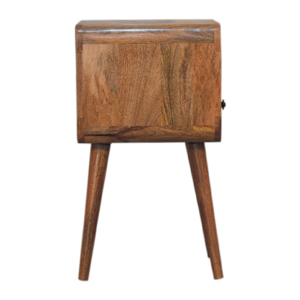 Mini Curved Solid Mango Wood Nightstand – Oak-Ish Finish, Drawer & Open Shelf