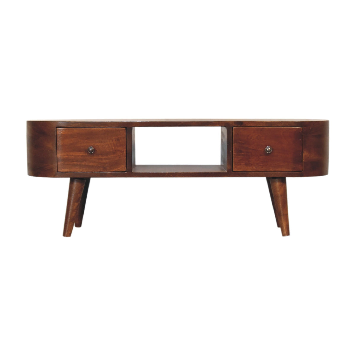 Rounded Solid Mango Wood Media Console – Chestnut Finish