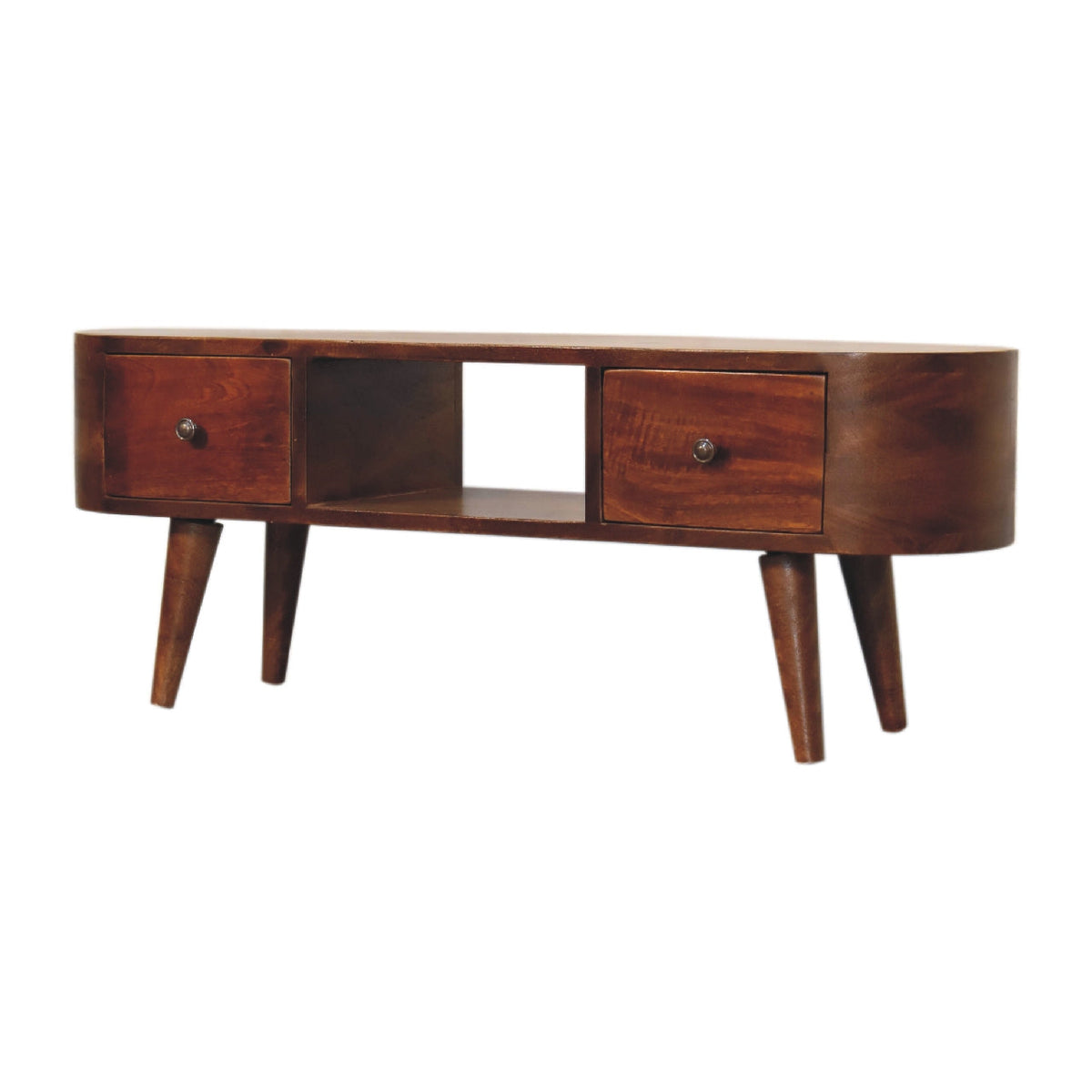 Rounded Solid Mango Wood Media Console – Chestnut Finish
