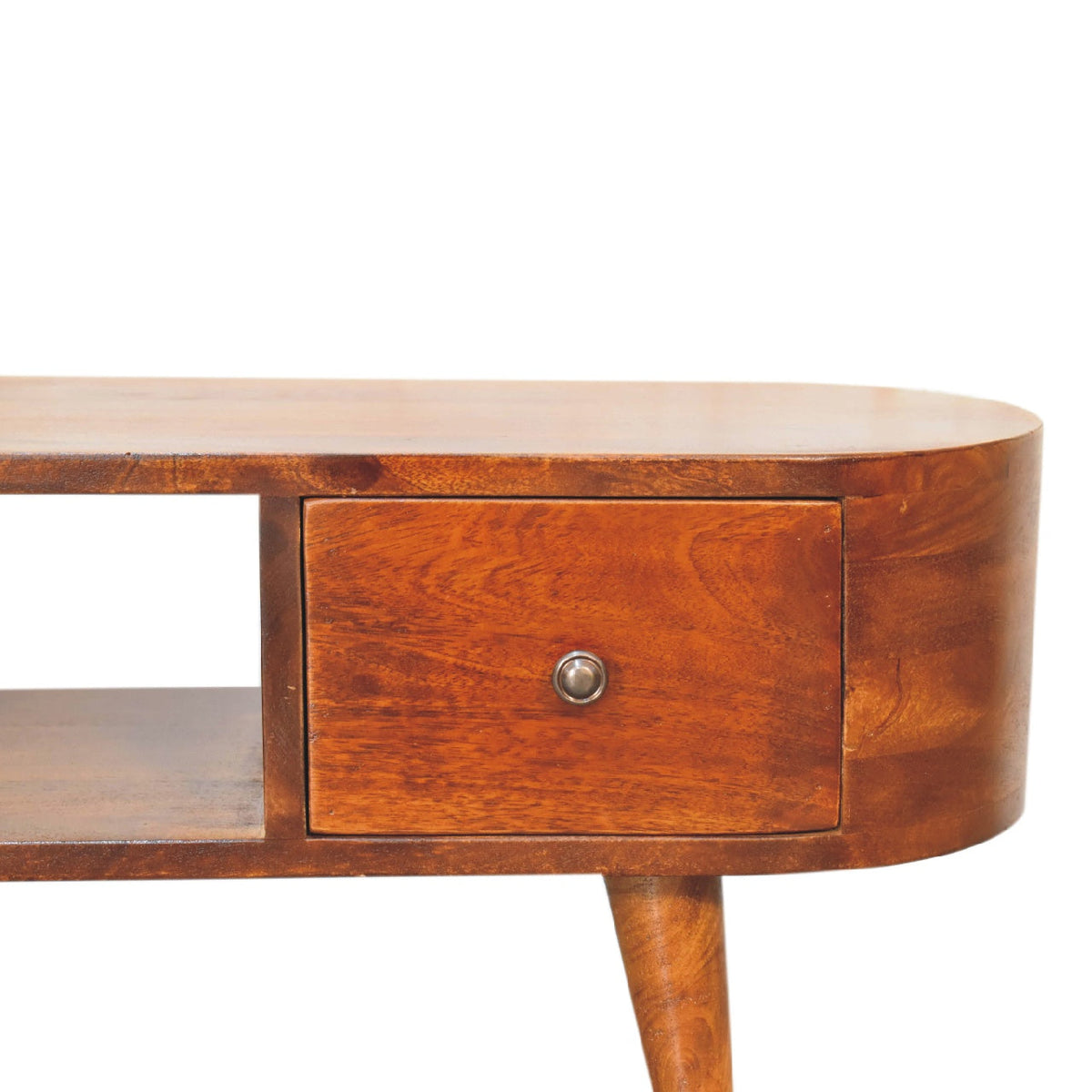 Rounded Solid Mango Wood Media Console – Chestnut Finish