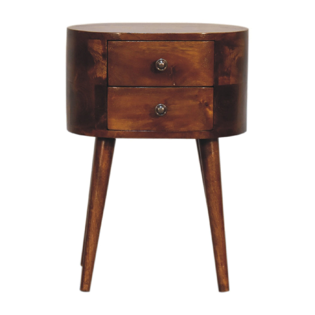 Mini Rounded 2-Drawer Solid Mango Wood Nightstand – Chestnut Finish