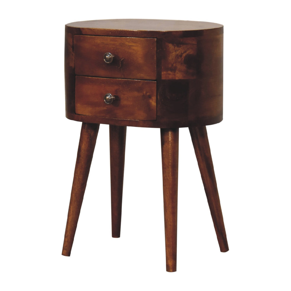Mini Rounded 2-Drawer Solid Mango Wood Nightstand – Chestnut Finish