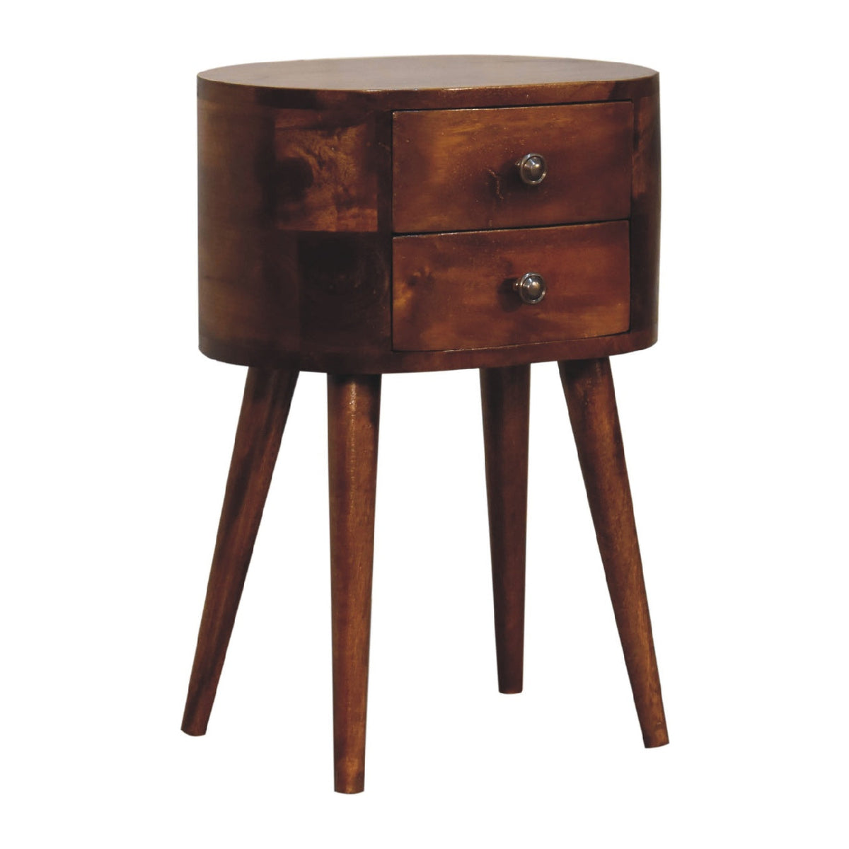 Mini Rounded 2-Drawer Solid Mango Wood Nightstand – Chestnut Finish
