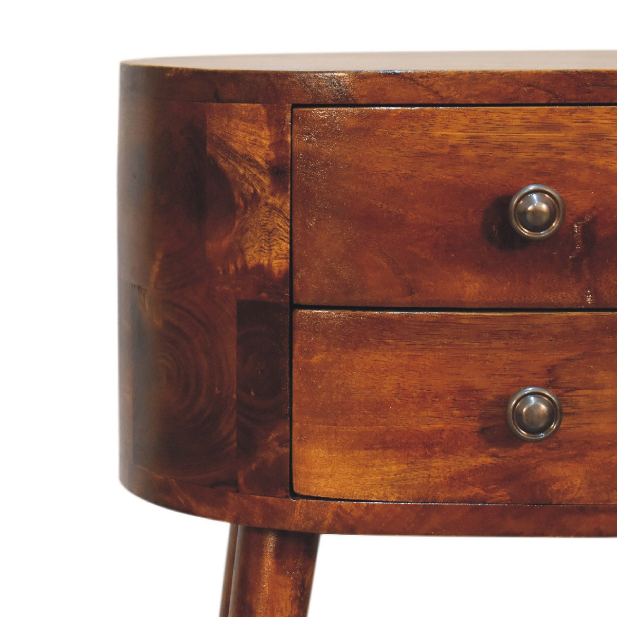 Mini Rounded 2-Drawer Solid Mango Wood Nightstand – Chestnut Finish