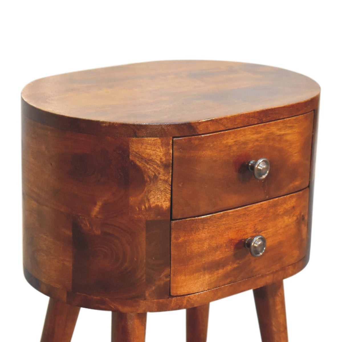 Mini Rounded 2-Drawer Solid Mango Wood Nightstand – Chestnut Finish