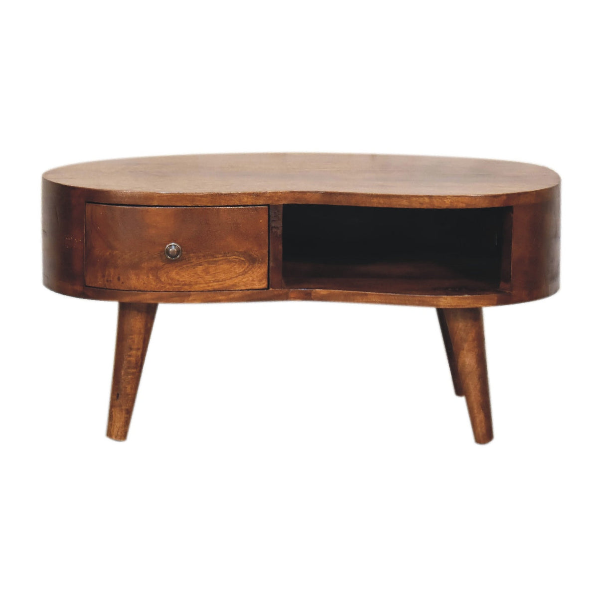 Mini Solid Mango Wood Coffee Table – Chestnut Finish, Rounded Drawer & Open Shelf