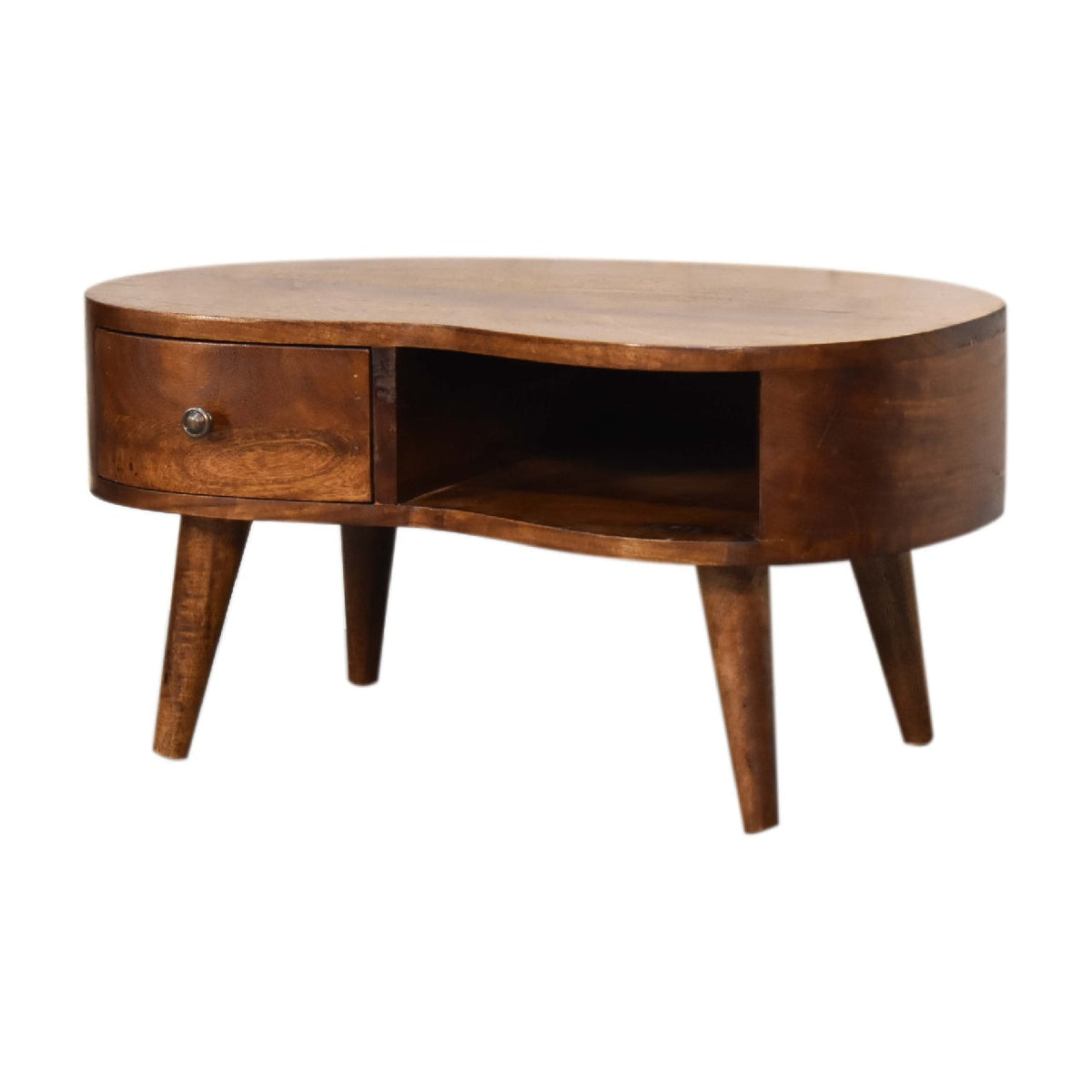 Mini Solid Mango Wood Coffee Table – Chestnut Finish, Rounded Drawer & Open Shelf
