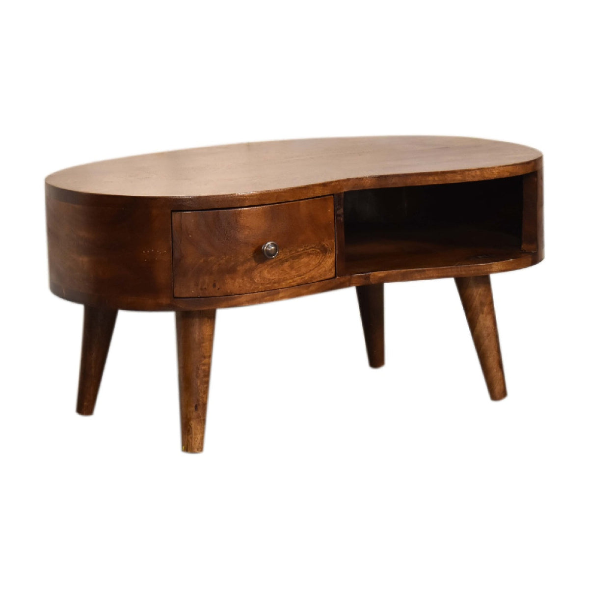 Mini Solid Mango Wood Coffee Table – Chestnut Finish, Rounded Drawer & Open Shelf