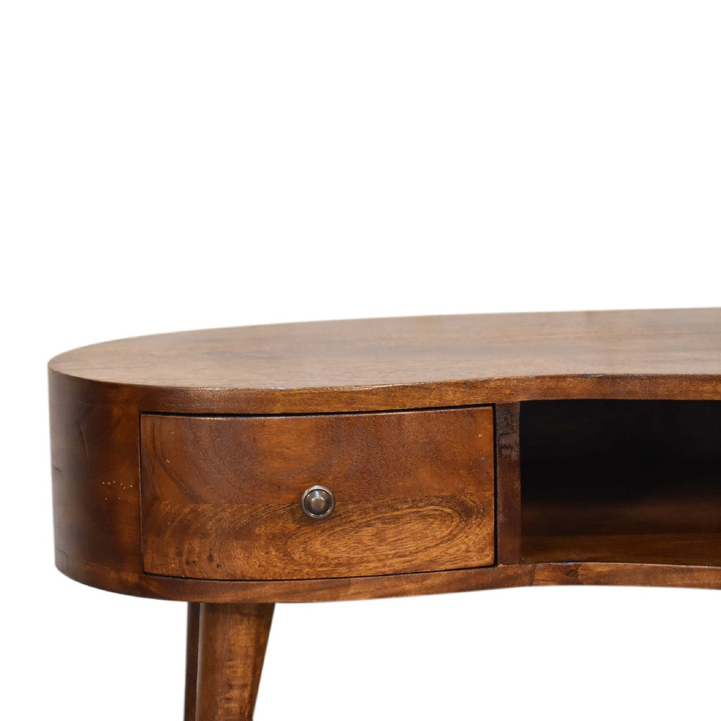 Mini Solid Mango Wood Coffee Table – Chestnut Finish, Rounded Drawer & Open Shelf