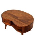 Mini Solid Mango Wood Coffee Table – Chestnut Finish, Rounded Drawer & Open Shelf