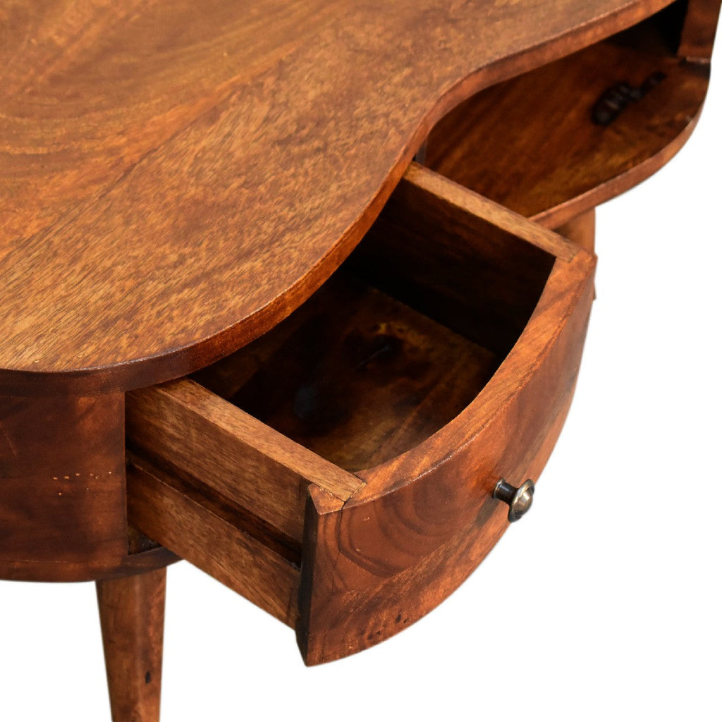 Mini Solid Mango Wood Coffee Table – Chestnut Finish, Rounded Drawer & Open Shelf