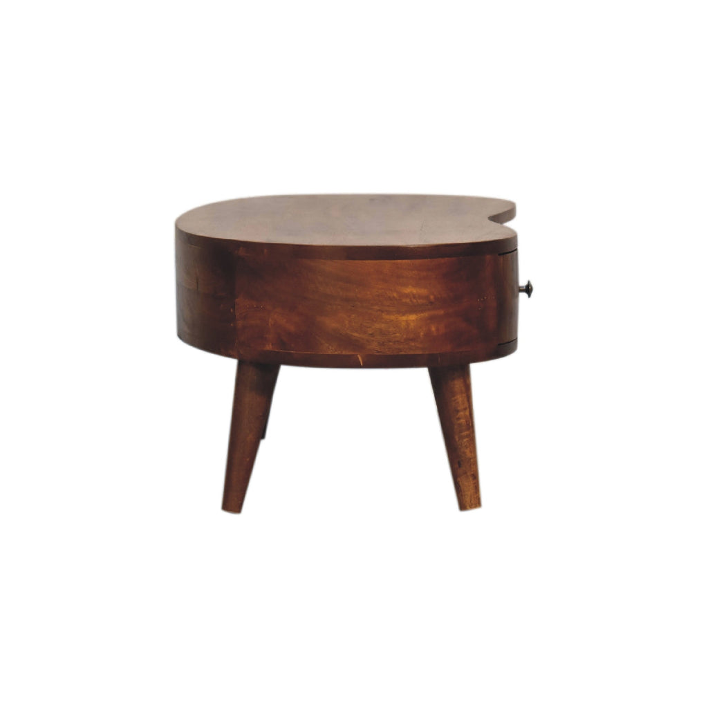 Mini Solid Mango Wood Coffee Table – Chestnut Finish, Rounded Drawer & Open Shelf